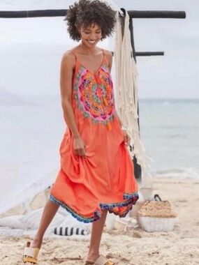 Rubyyaya Meadow Mandala Orange Embroidered Boho Festival Beach Dress
